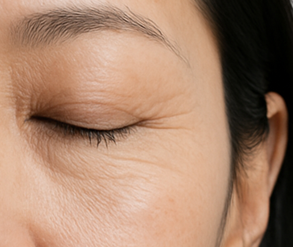 Jmoon 大熨斗美容儀使用前眼周膚況示意圖,顯示使用前的魚尾紋狀態